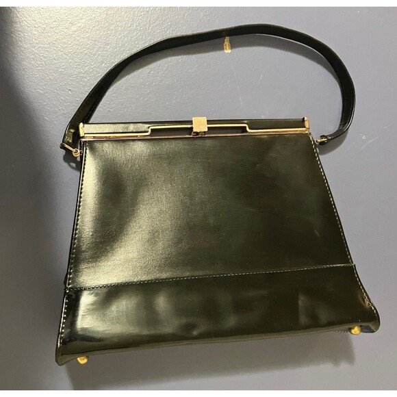 Vintage Air Step Clutch/Handbag Purse Black Faux Patent Leather metal frame MCM - Picture 5 of 16